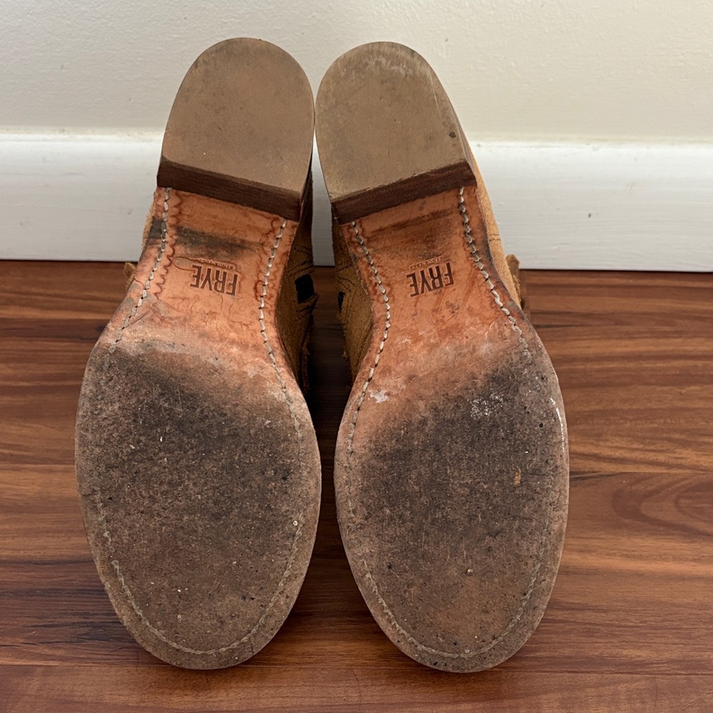 Frye Tan Suede Double-Buckle Heeled Ankle Boots - Picture 14 of 15
